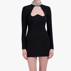 BCBGMAXAZRIA Womens Long Sleeve Mock Neck Mini Evening Dress with Beaded Collar